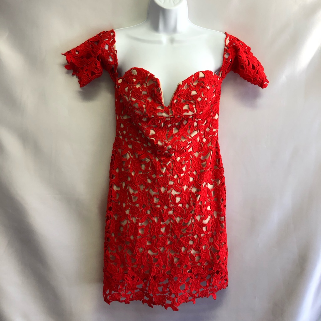 J.O.A. Los Angeles Off The Shoulder Tomato Red Lace Mini Dress Size Small